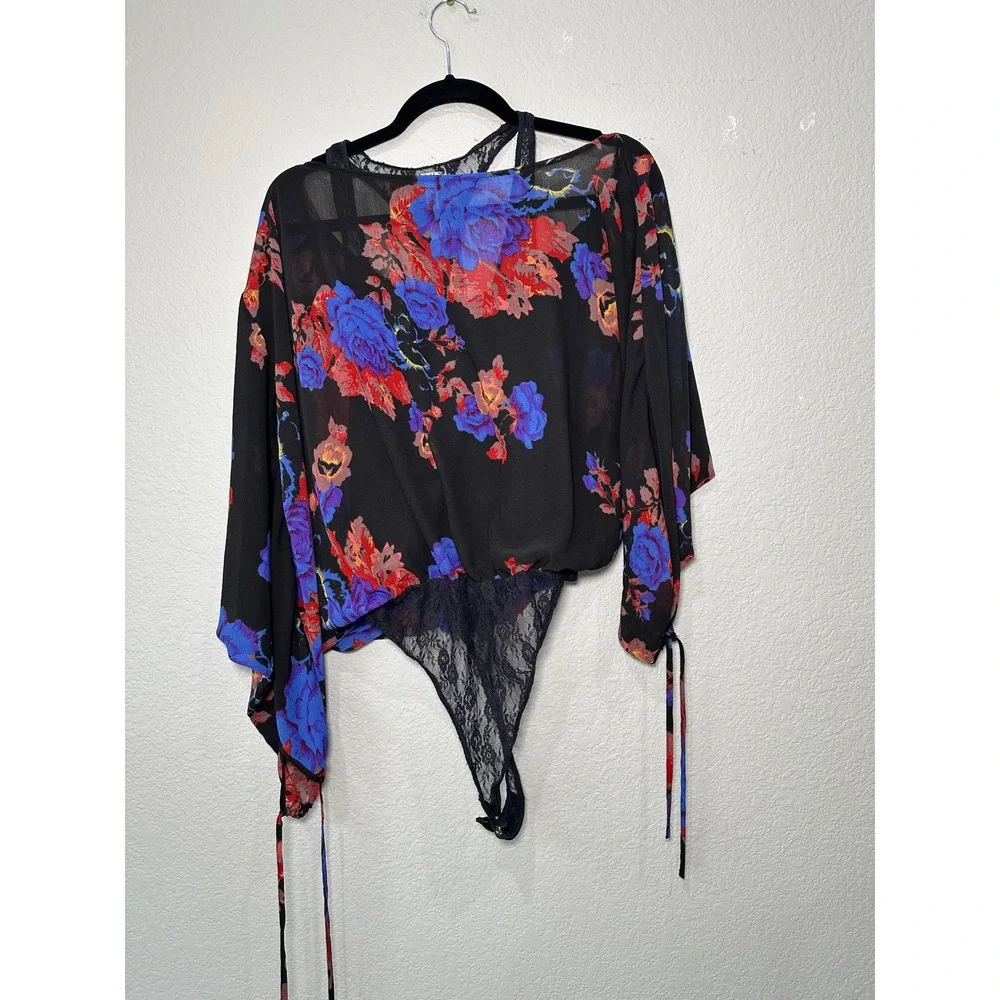 Intimately Free People‎ Floral Cold Shoulder Bodysuit Black Blue Lace SP